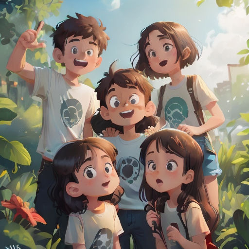 a group of children standing next to each other in a forest with trees and flowers behind them, with a man pointing at the camera
