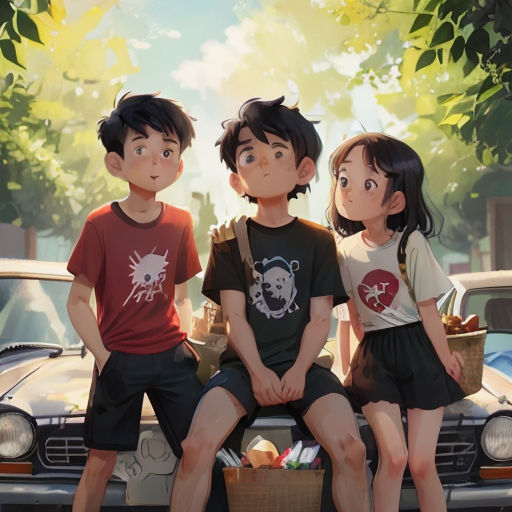 three children sitting on a car with a basket of fruit in front of them and a car in the background