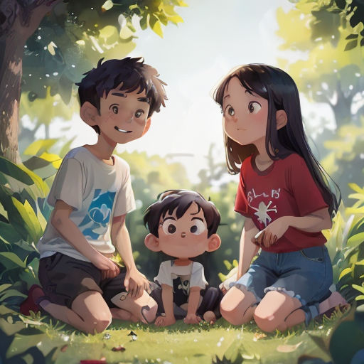 a couple of kids sitting on top of a lush green field next to a tree and a dog on a leash