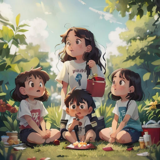a group of children sitting on the ground in the grass eating food and drinking water from a bottle and a cup