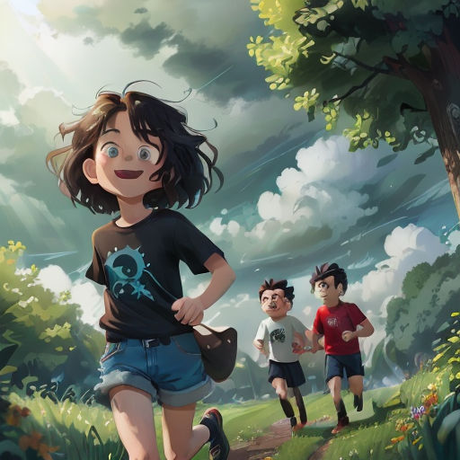 a group of children running in a park with trees and clouds in the background, with a boy in the foreground