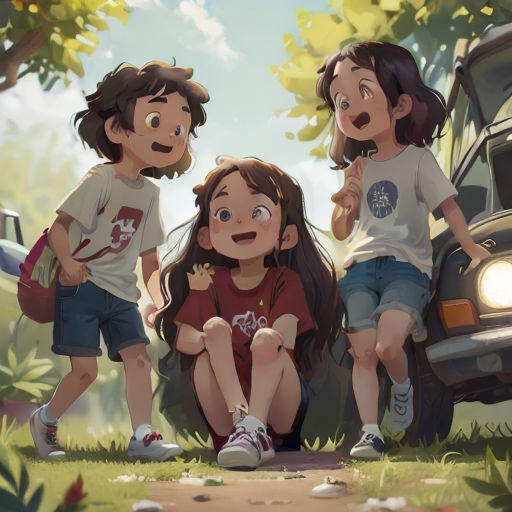 three children sitting on the ground next to a car with a woman standing next to them and a man standing next to them