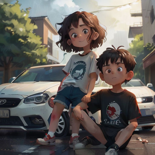 a couple of kids sitting on top of a car in the street next to a white car and a white car