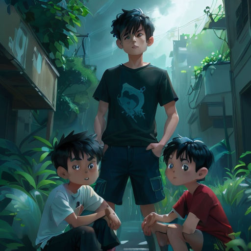 three children sitting on the ground in a jungle setting with a boy standing behind them and a boy sitting on the ground