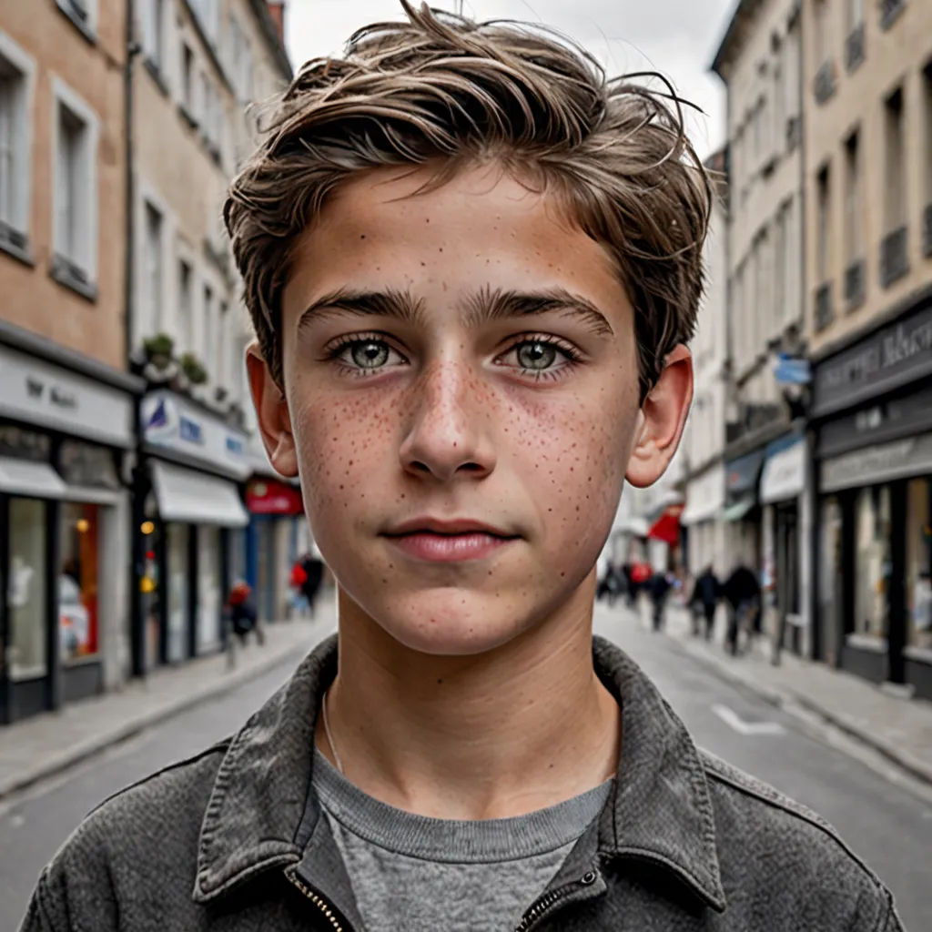 a young boy standing in the middle of a street with buildings in the background and a street light in the foreground, hyperrealism, a character portrait, Etienne Delessert, portrait photography