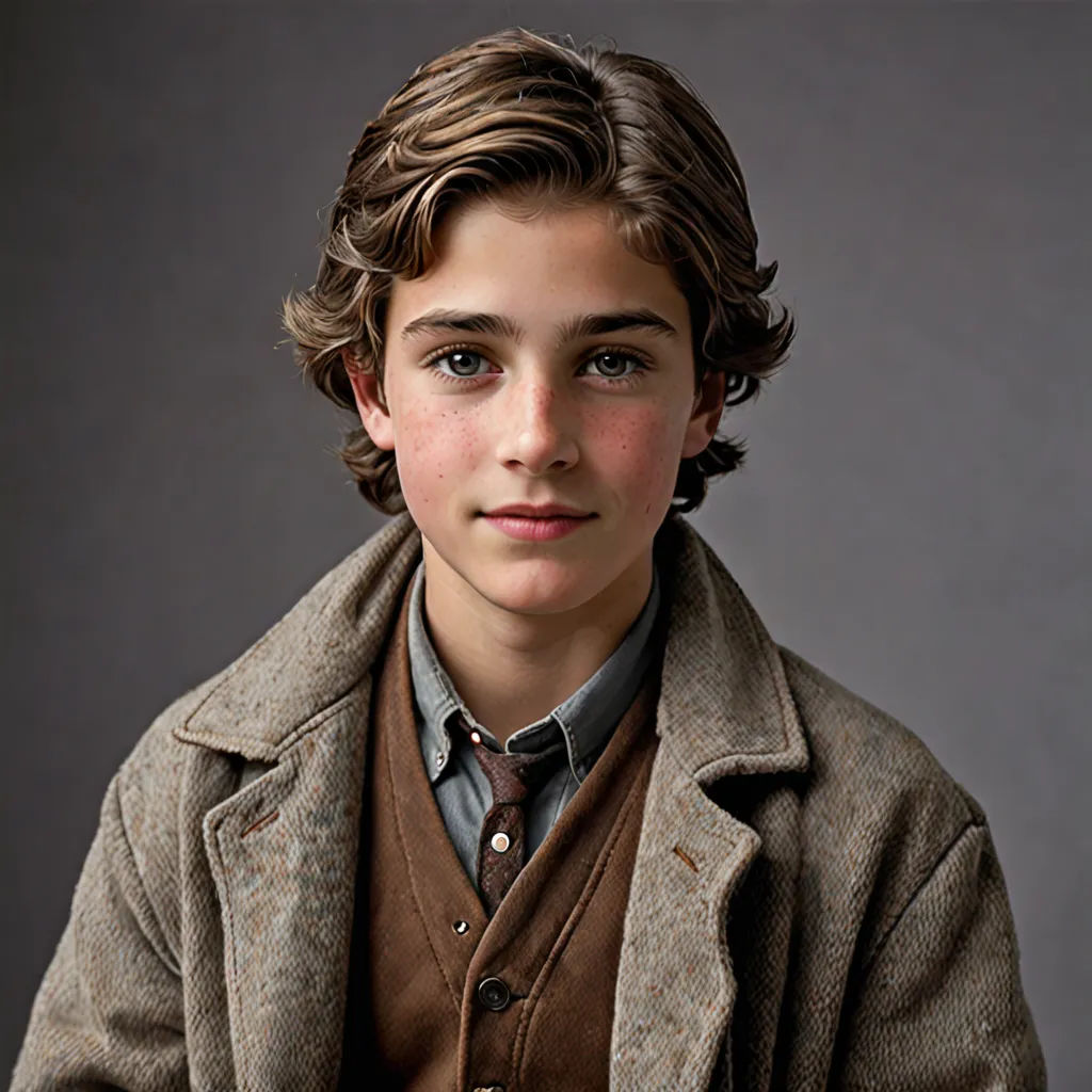 a young boy in a coat and tie posing for a picture in a studio setting with a gray background, arts and crafts movement, a photorealistic painting, Christopher Perkins, photoreal