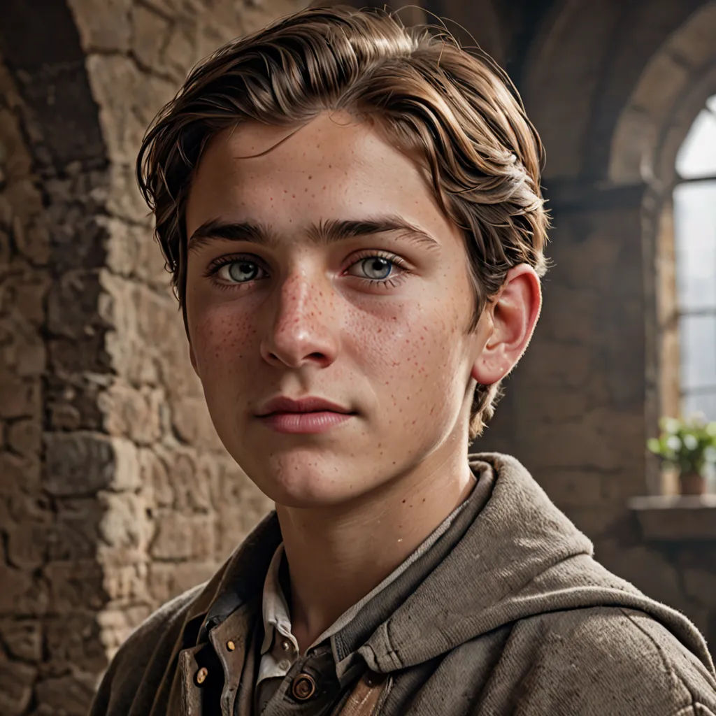 a young man with freckles on his face and a brown jacket on his shoulders and a window in the background, hyperrealism, a character portrait, Cliff Childs, promotional image