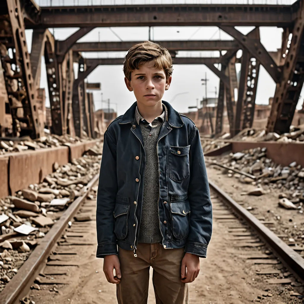 a young boy standing on a train track in a ruined area of a city with a bridge in the background, les automatistes, a colorized photo, David Annand, vfx