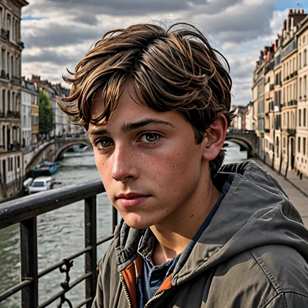 a boy is standing on a bridge over a river with buildings in the background and a cloudy sky above, barbizon school, a character portrait, Etienne Delessert, portrait photography
