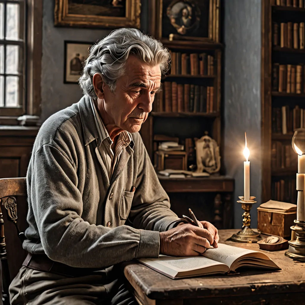a man sitting at a table writing in a book with a candle on it and a bookcase behind him, arts and crafts movement, a character portrait, David Annand, rembrandt lighting