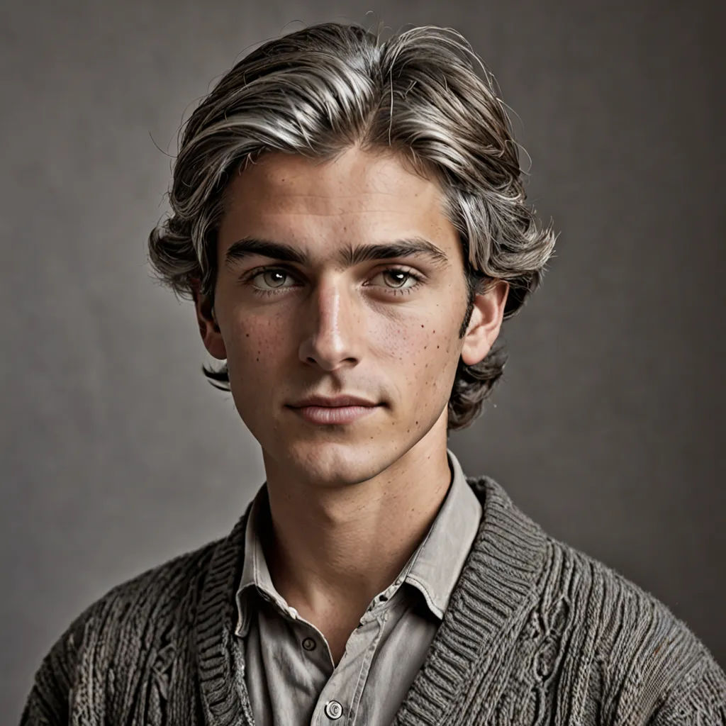 a man with a gray sweater and a tie on a gray background with a black background and a gray background, photorealism, a character portrait, Christen Købke, portrait photography