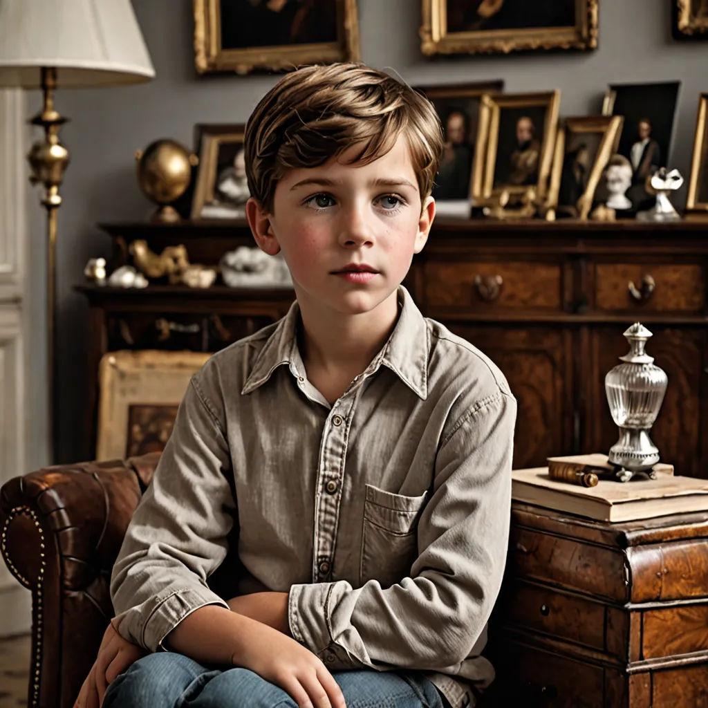 a young boy sitting on a chair in a room with many pictures on the wall and a lamp on the table, arts and crafts movement, a flemish Baroque, Alexander Runciman, portrait photography