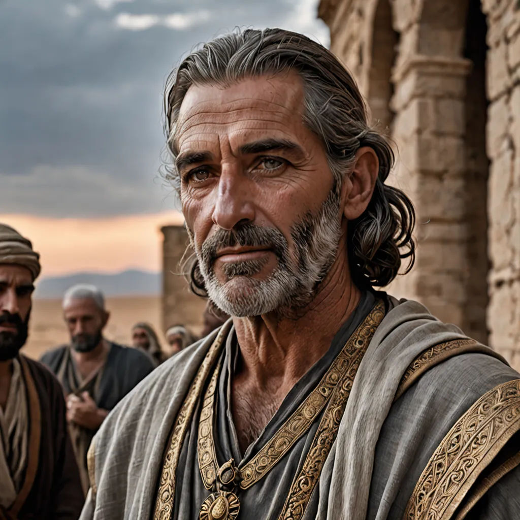 a man with a beard and a beard in a desert setting with other men standing around him and one man with a beard, hurufiyya, a character portrait, David Annand, promotional image