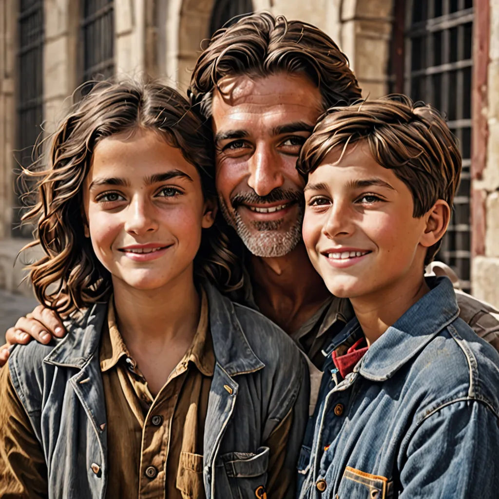 a man and two children are posing for a picture together in front of a building with a clock on it, les automatistes, a stock photo, Eric de Kolb, promotional image