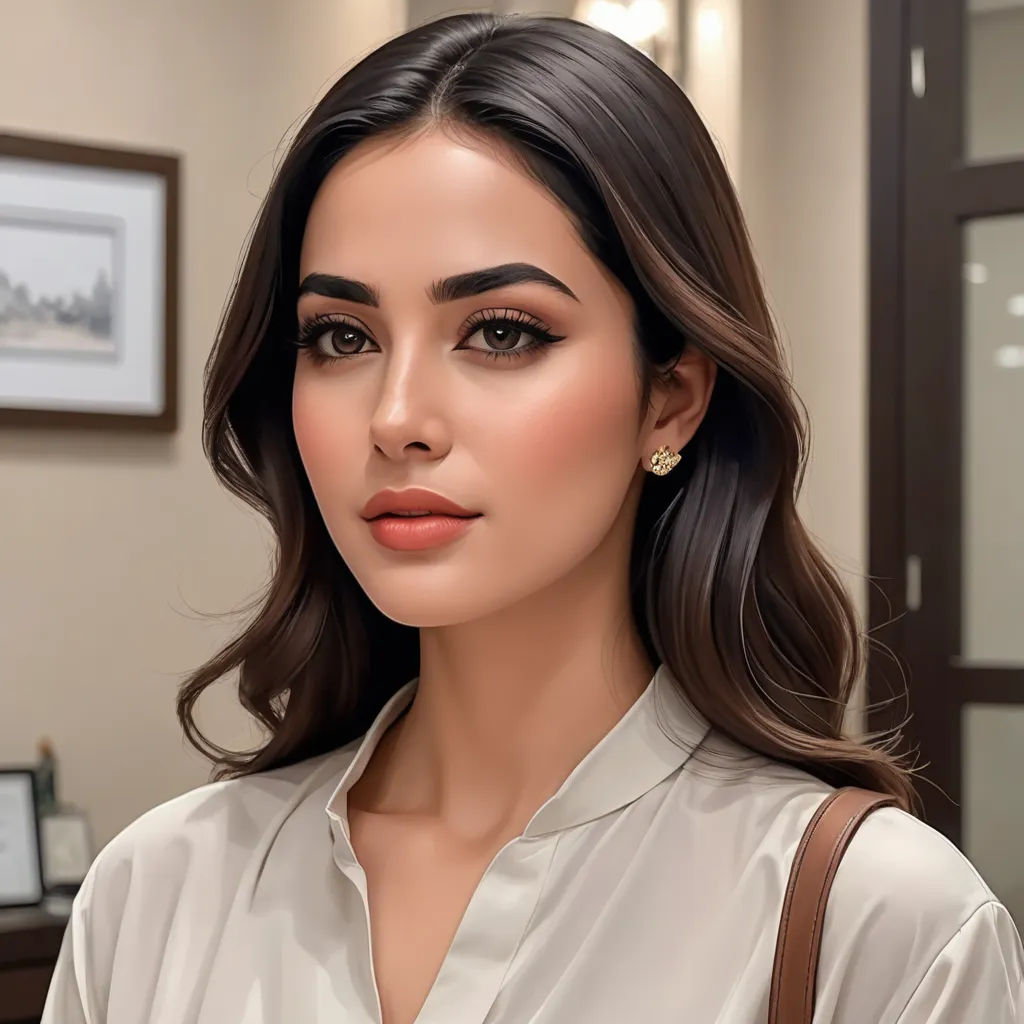 a woman with a brown bag and a white shirt is looking at the camera and she is wearing a pair of earrings, samikshavad, a photorealistic painting, Elina Karimova, brown