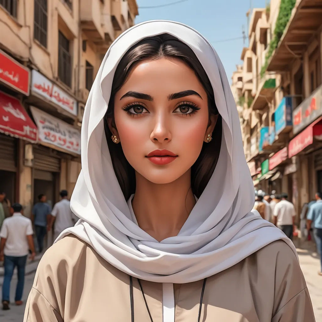 a woman with a headscarf on a street corner in a city with people walking around and shops, qajar art, a photorealistic painting, Elina Karimova, ultra realistic digital art