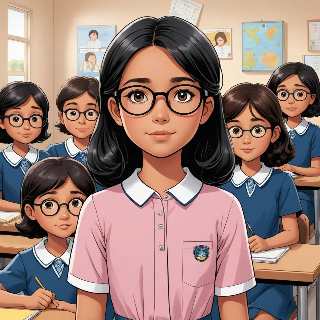 a girl in a classroom with her students in the background, a cartoon of a girl with glasses and a pink shirt, serial art, a character portrait, Ada Gladys Killins, graphic novel