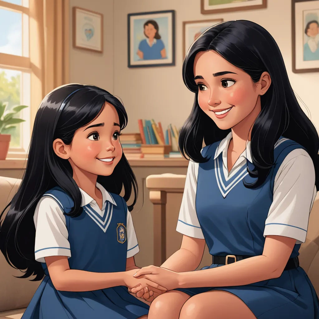 a cartoon of two girls sitting next to each other in a living room with a window and a picture of a woman, sots art, a storybook illustration, Fernando Amorsolo, official art