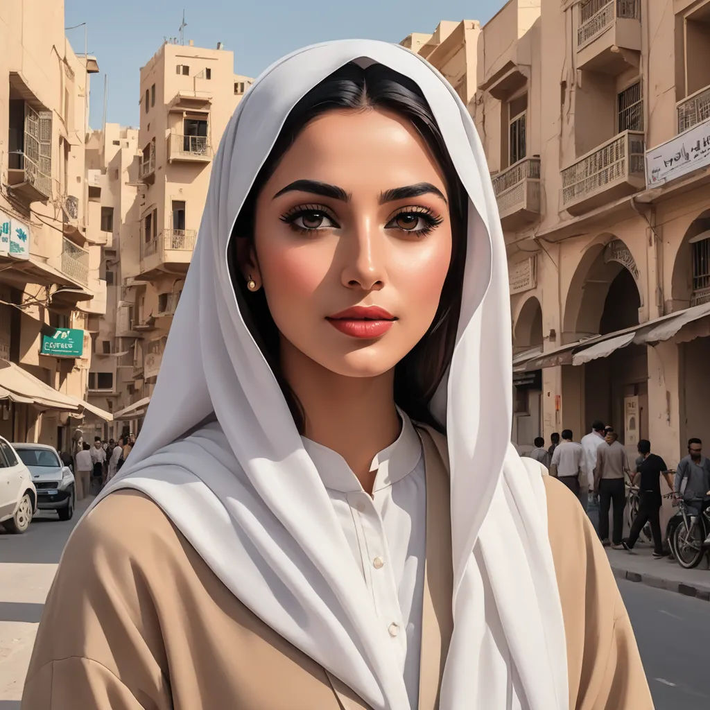 a woman in a white head scarf standing in the street with a man in the background on a bike, hurufiyya, a photorealistic painting, Abdullah Gërguri, ultra realistic digital art