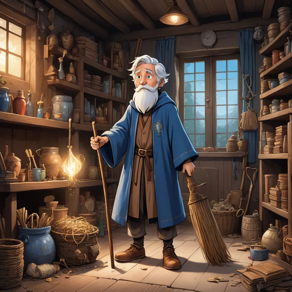 a cartoon of a wizard holding a broom and a lamp in a room full of shelves and pots and other items, fantasy art, a storybook illustration, David Teniers III, fantasy illustration