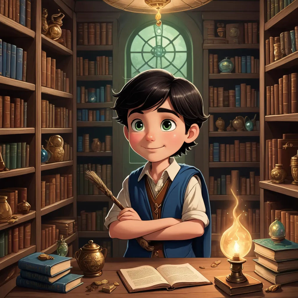 a boy is standing in a library with a book and a candle in his hand and a book on the table, fantasy art, a storybook illustration, Diego Gisbert Llorens, storybook illustration