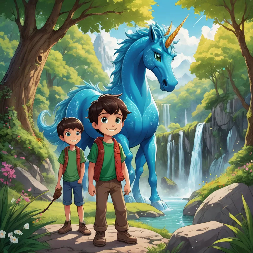 a boy and a boy standing in front of a blue horse in a forest with waterfall and waterfall behind them, fantasy art, a storybook illustration, Diego Gisbert Llorens, promotional image