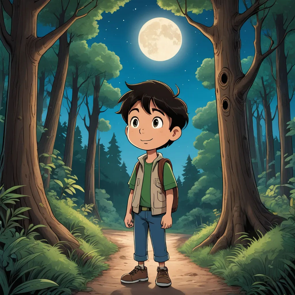 a boy standing in the middle of a forest at night with a full moon in the background and trees, dau-al-set, a character portrait, Fathi Hassan, promotional image