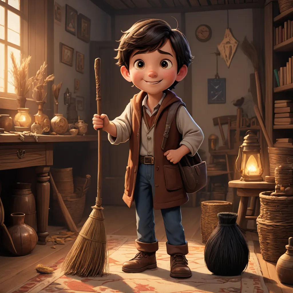 a boy holding a broom in a room with a fireplace and a window in the background, and a lamp on the floor, sots art, concept art, Alejandro Burdisio, rossdraws global illumination