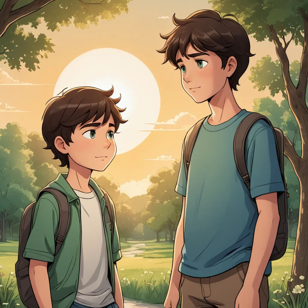 two young men standing next to each other in a park at sunset or sunrise, with trees and grass in the background, sots art, a storybook illustration, Adam Dario Keel, comic cover art