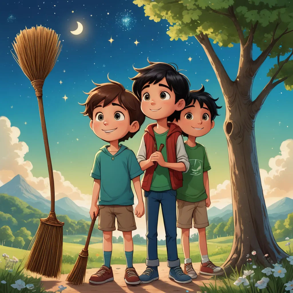 three boys standing in front of a tree with a broom in hand and a full moon in the sky, sots art, a storybook illustration, Diego Gisbert Llorens, official art