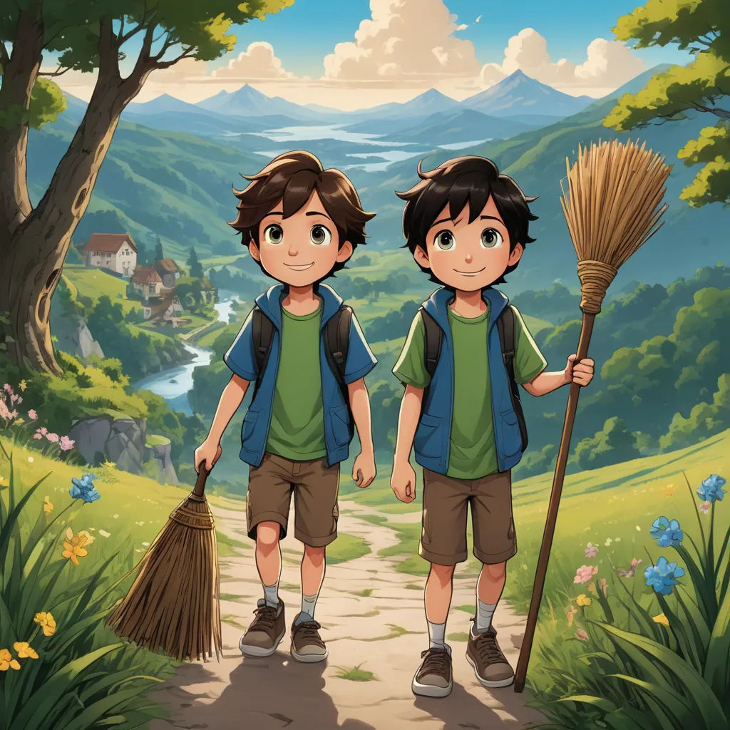 two boys with brooms and backpacks walking down a path in the woods with a view of a valley, danube school, a storybook illustration, Brothers Hildebrandt, official art