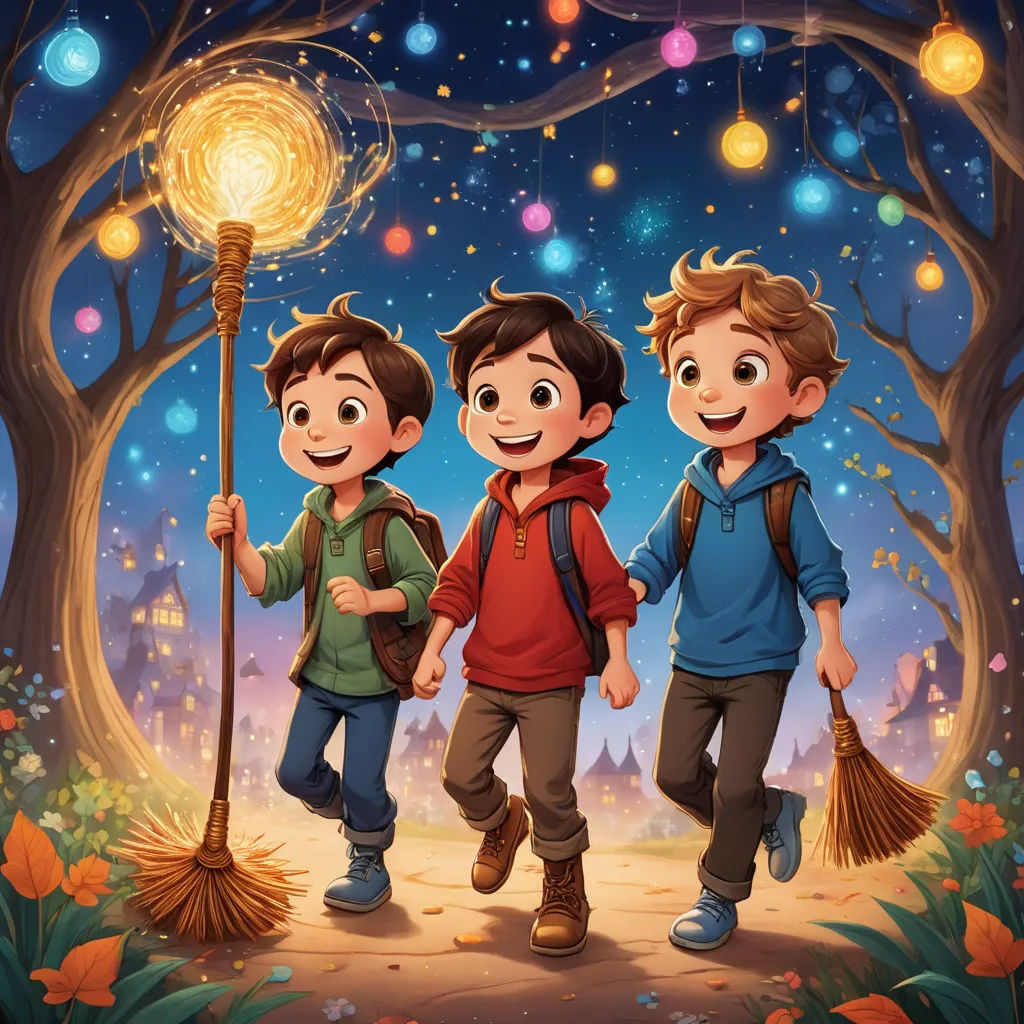 three boys are walking through a forest with brooms and lights in the background of the scene is a night sky, sots art, a storybook illustration, Diego Gisbert Llorens, official art