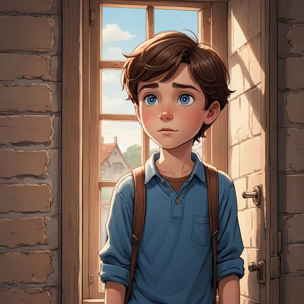 a boy with a backpack standing in front of a window with a house in the background and a blue sky, sots art, a storybook illustration, Aaron Jasinski, rossdraws global illumination