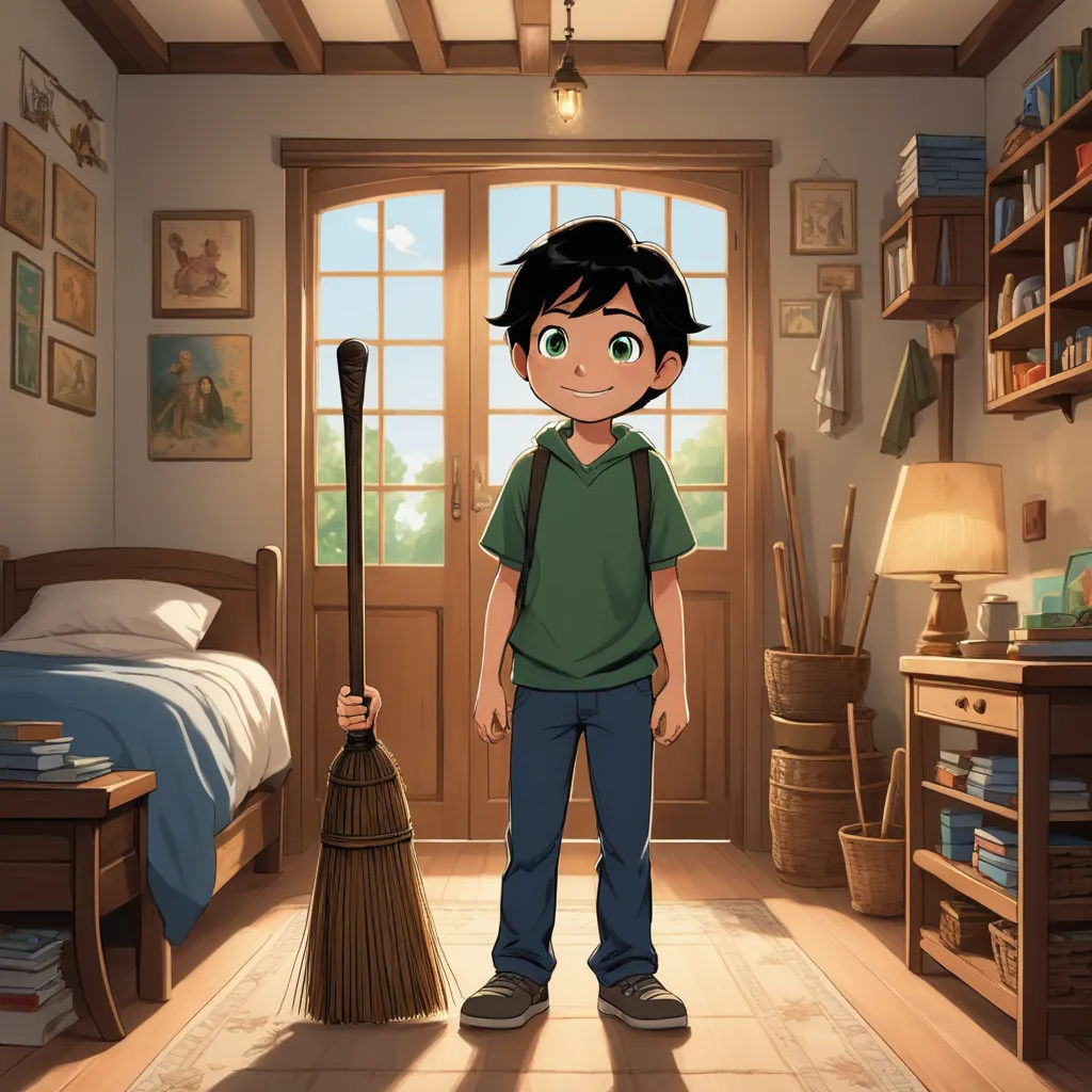 a boy standing in a room with a broom in his hand and a bed in the background with a window, sots art, concept art, Cliff Childs, official art