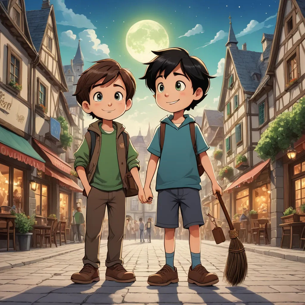 two young boys standing in front of a street with a full moon in the background and a city street with shops, lyco art, poster art, Diego Gisbert Llorens, official art