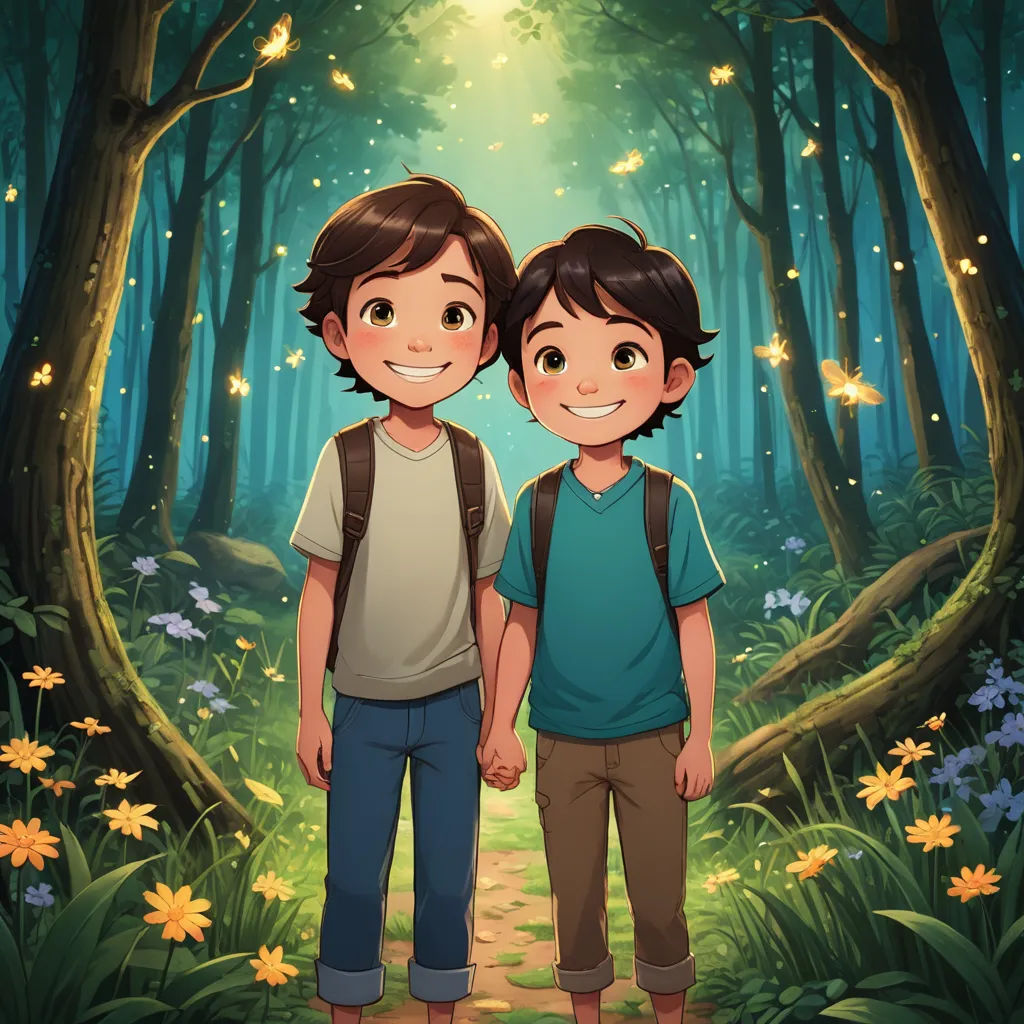 two children standing in the middle of a forest with a trail leading to them and a glowing light shining on the trees, lyco art, a storybook illustration, Diego Gisbert Llorens, official art