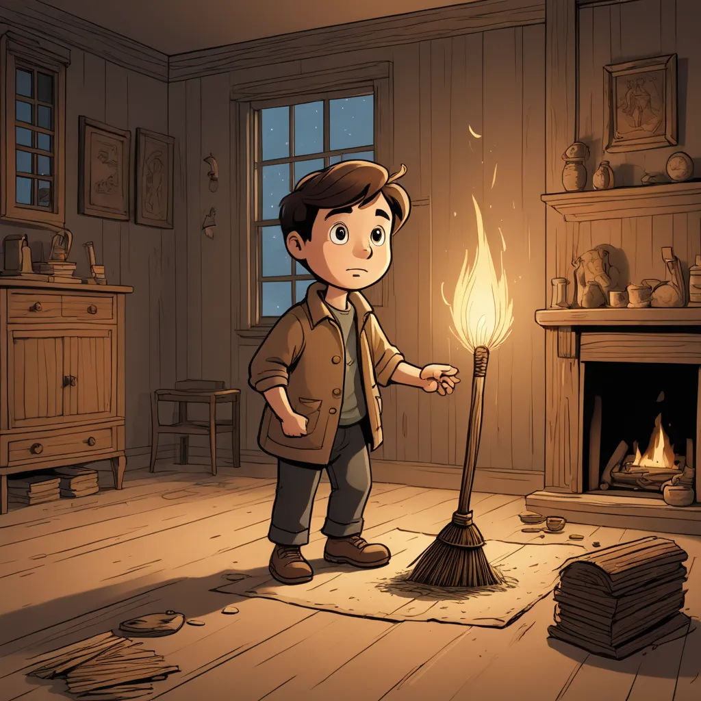 a boy standing in a room with a broom and fire in it's hand, and a fire in the fireplace, fantasy art, a storybook illustration, Diego Gisbert Llorens, storybook illustration