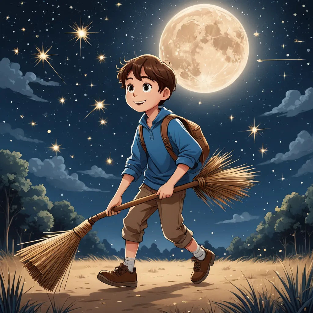 a boy with a broom in his hand is walking in the field at night with the moon in the background, space art, a storybook illustration, Aaron Jasinski, official art