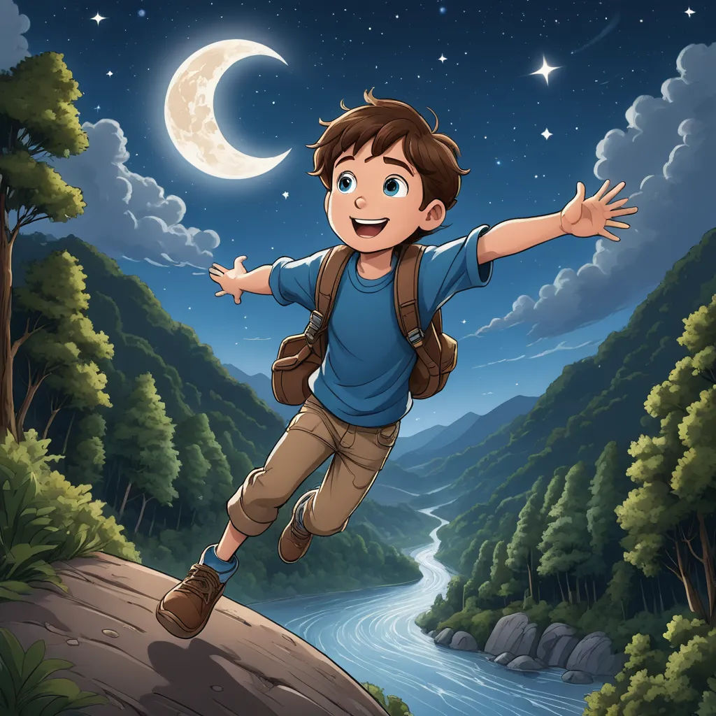 a boy is jumping in the air with a backpack on his back and a river running through the forest, lyco art, a storybook illustration, Cliff Childs, storybook illustration