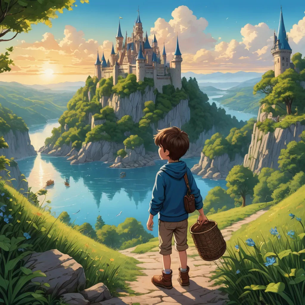 a boy is looking at a castle on a hill with a basket in his hand and a river in the background, fantasy art, a detailed matte painting, Aaron Jasinski, rossdraws global illumination