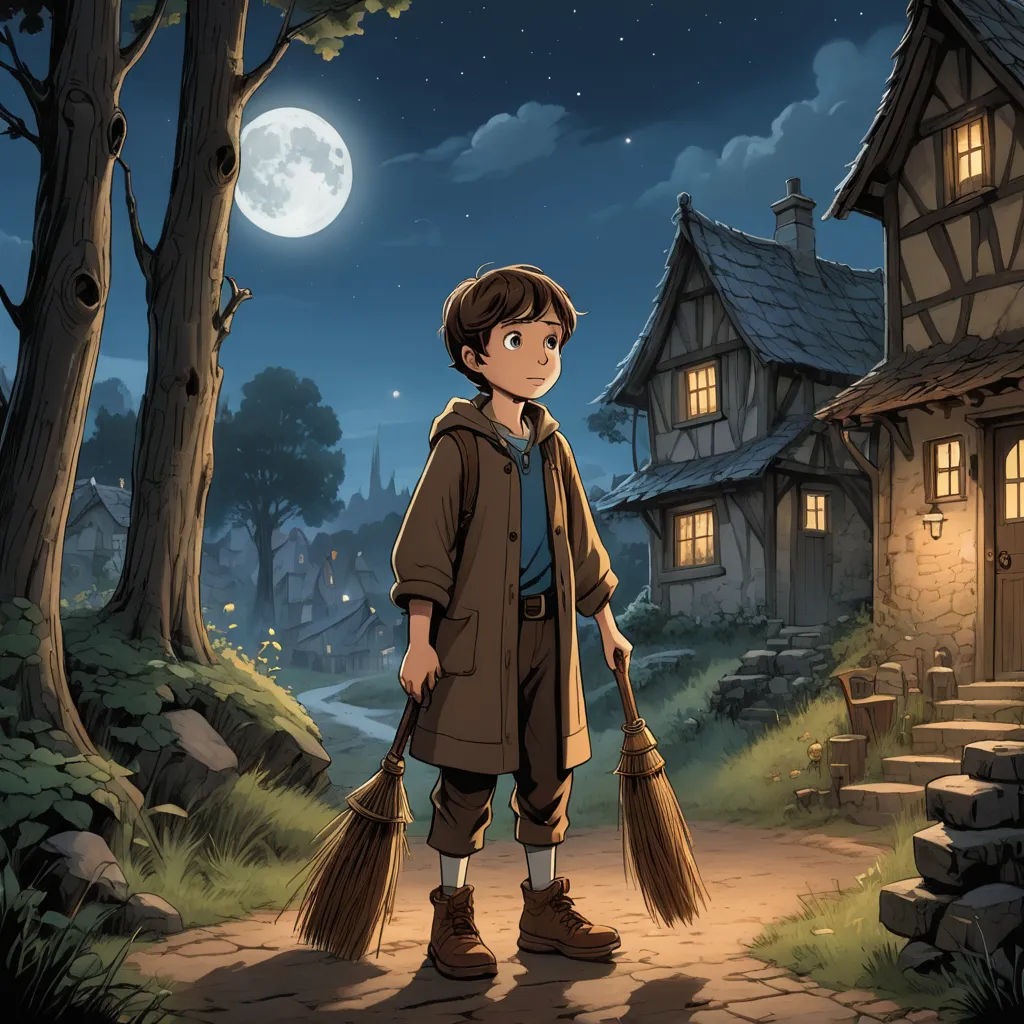 a boy with a broom standing in front of a house at night with a full moon in the background, fantasy art, a storybook illustration, Cliff Childs, kinkade
