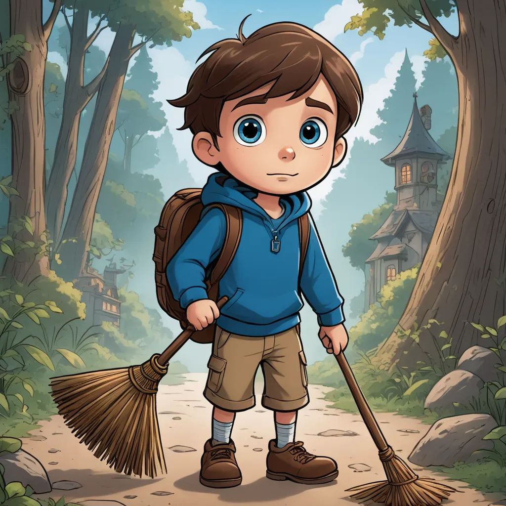 a boy with a backpack and a broom in the woods with a house in the background illustration by alex krawc, sots art, a character portrait, Cedric Seaut (Keos Masons), 2 d game art