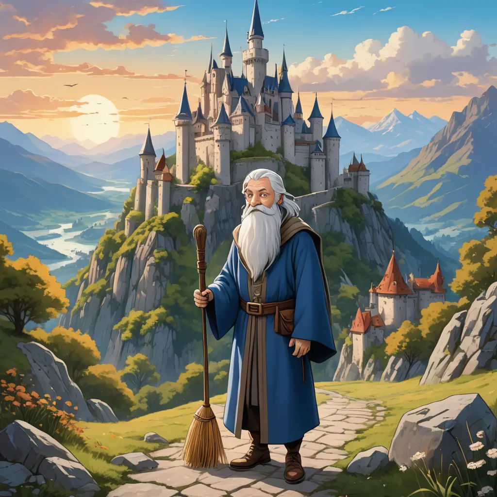a wizard with a broom and a long beard standing in front of a castle with a sunset in the background, fantasy art, a storybook illustration, Christophe Vacher, fantasy artwork