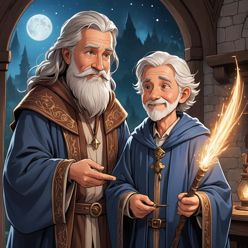 a cartoon of two men standing next to each other in front of a window with a light shining on them, fantasy art, a storybook illustration, Brothers Hildebrandt, storybook illustration