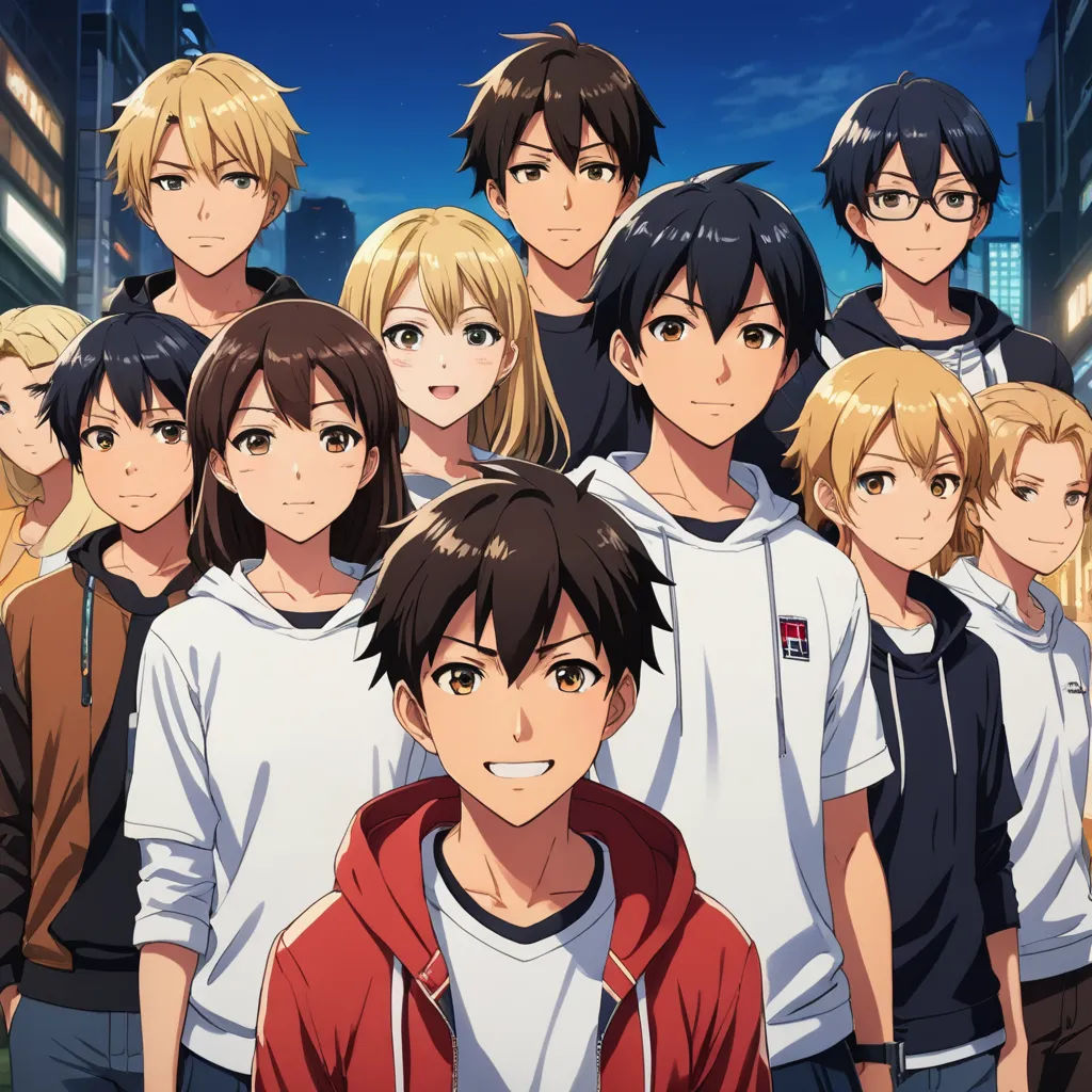 a group of young people standing next to each other in front of a cityscape at night with buildings, sots art, a jigsaw puzzle, Ai-Mitsu, official art