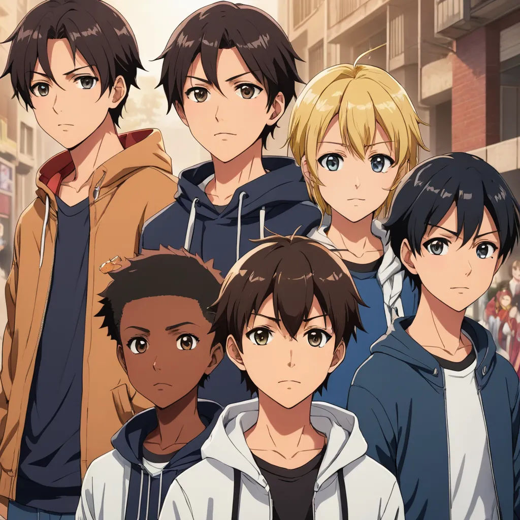 a group of young men standing next to each other in front of a crowd of people in a city, sots art, concept art, Ai-Mitsu, official art