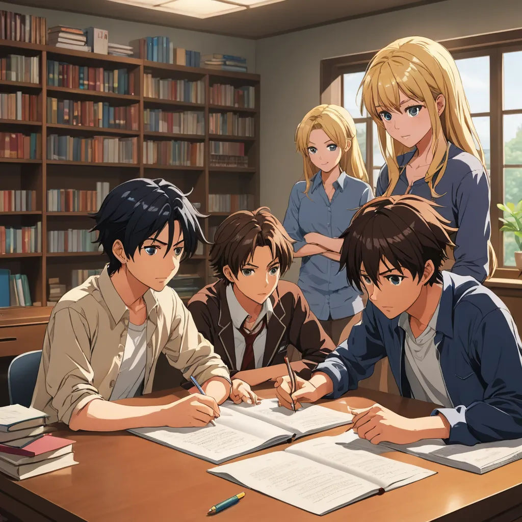 a group of people sitting at a table with books and papers in front of them, with a person standing behind them, sots art, concept art, Armin Hansen, official art