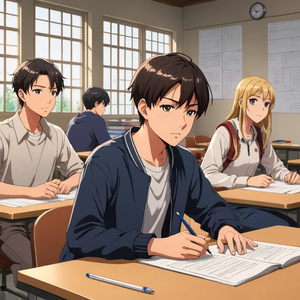 a group of people sitting at desks in a classroom with papers and pens in front of them and a person writing on a paper, sots art, concept art, Ai-Mitsu, official art