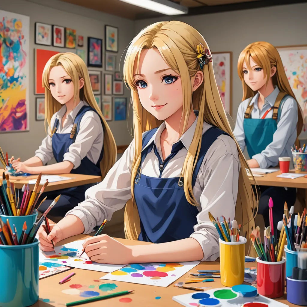 a girl sitting at a desk with a bunch of paint brushes in front of her and another girl standing behind her, sots art, a detailed painting, artist, official art
