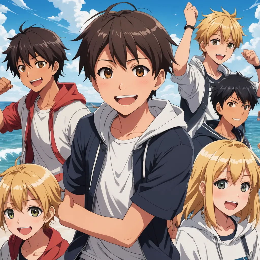 a group of young people standing next to each other on a beach with the ocean in the background and clouds in the sky, sots art, an album cover, Ai-Mitsu, official art